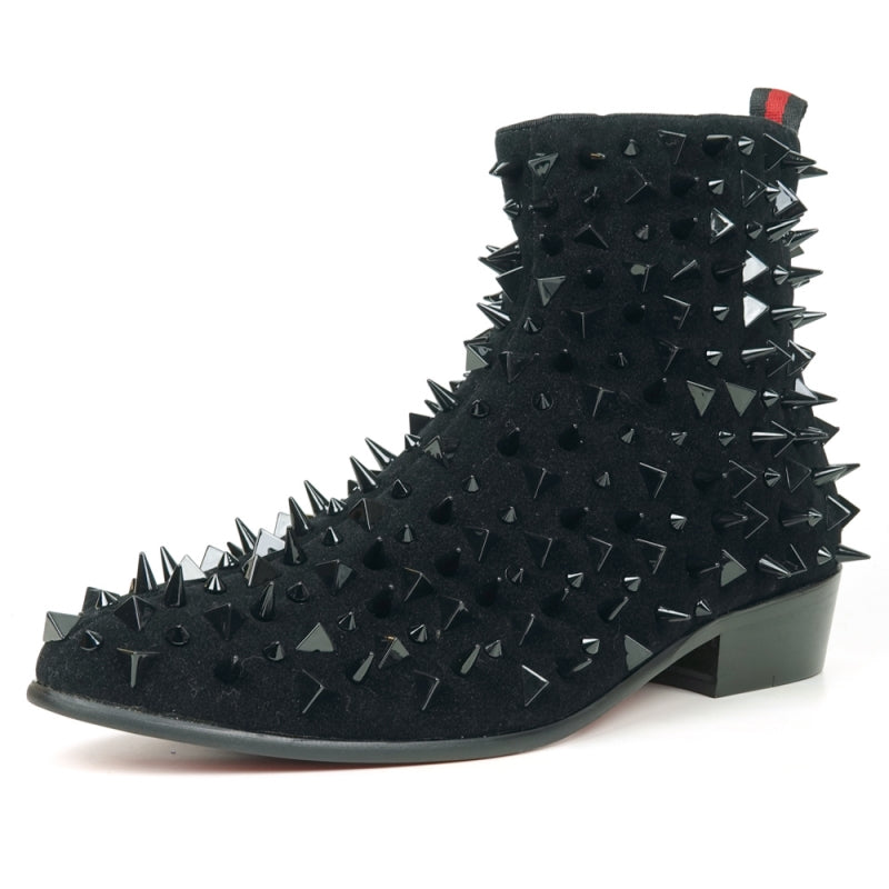 Underside view of the FI-7527 Black Suede Black Spikes Boot Encore by Fiesso featuring a shiny red sole and a black upper embellished with numerous spikes, reminiscent of bold men's dress shoes.