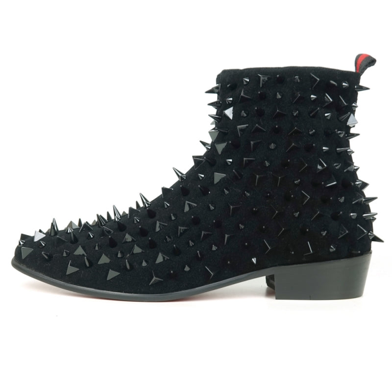 Underside view of the FI-7527 Black Suede Black Spikes Boot Encore by Fiesso featuring a shiny red sole and a black upper embellished with numerous spikes, reminiscent of bold men's dress shoes.