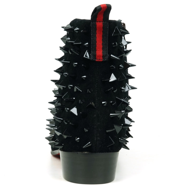 Underside view of the FI-7527 Black Suede Black Spikes Boot Encore by Fiesso featuring a shiny red sole and a black upper embellished with numerous spikes, reminiscent of bold men's dress shoes.