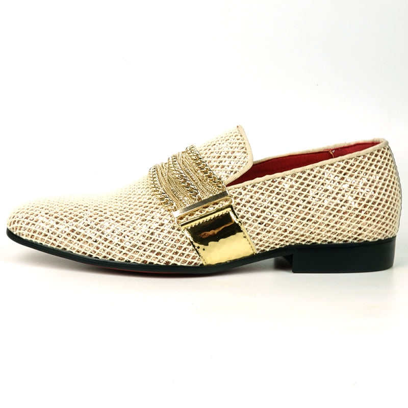 Explore the Fiesso collection with the FI-7528 White Gold Slip-On Loafer, showcasing a silver chain accent. This chic design is perfect for elevating your style and enhances any wardrobe.