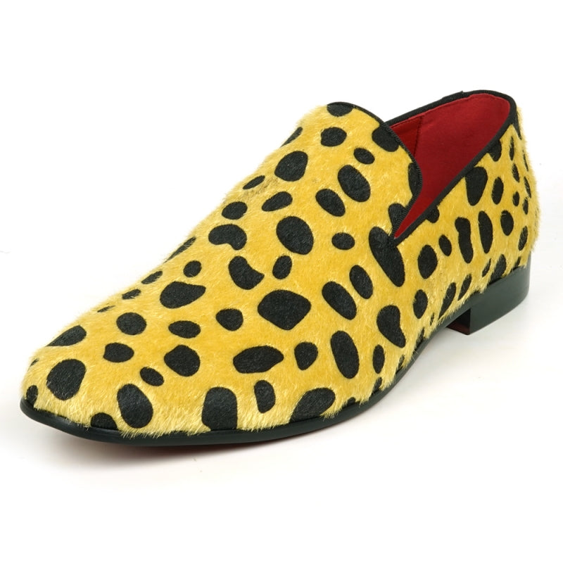 Introducing the FI-7532 Black Gold Leopard Print Pony Hair Slip On Loafer by Fiesso, these stunning loafers are designed with luxurious pony hair adorned with bold black leopard spots and feature a striking red interior. Perfect for making a statement, they elevate any outfit with their unique design and sophisticated flair.