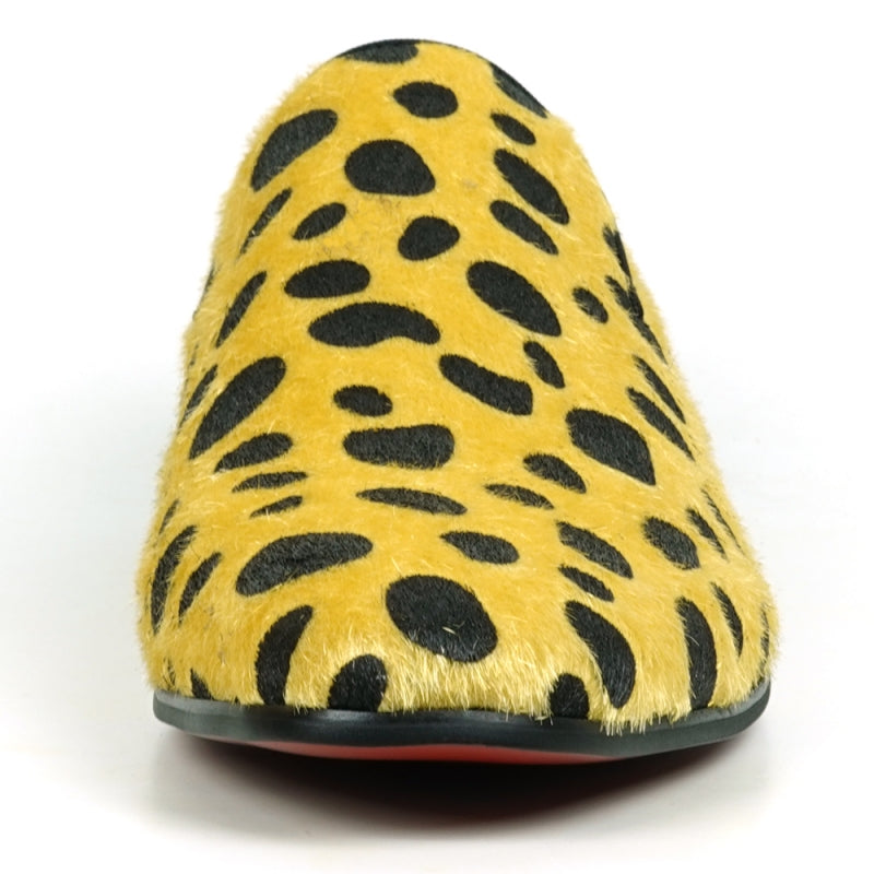 Introducing the FI-7532 Black Gold Leopard Print Pony Hair Slip On Loafer by Fiesso, these stunning loafers are designed with luxurious pony hair adorned with bold black leopard spots and feature a striking red interior. Perfect for making a statement, they elevate any outfit with their unique design and sophisticated flair.