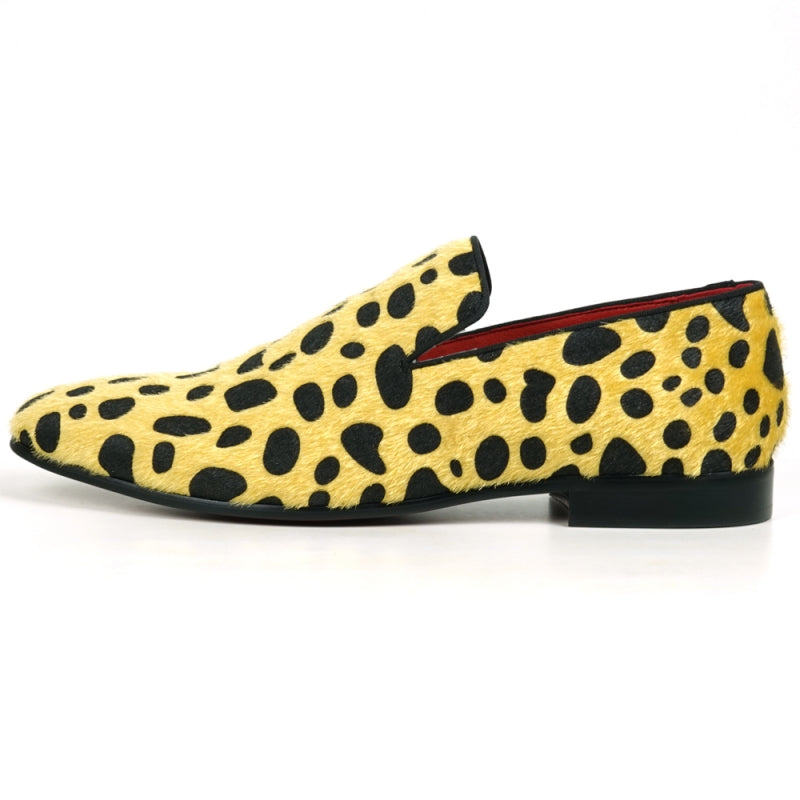 Introducing the FI-7532 Black Gold Leopard Print Pony Hair Slip On Loafer by Fiesso, these stunning loafers are designed with luxurious pony hair adorned with bold black leopard spots and feature a striking red interior. Perfect for making a statement, they elevate any outfit with their unique design and sophisticated flair.