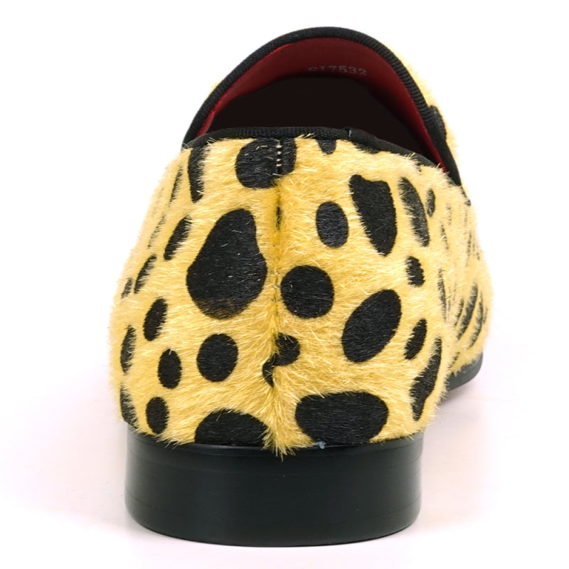 Introducing the FI-7532 Black Gold Leopard Print Pony Hair Slip On Loafer by Fiesso, these stunning loafers are designed with luxurious pony hair adorned with bold black leopard spots and feature a striking red interior. Perfect for making a statement, they elevate any outfit with their unique design and sophisticated flair.