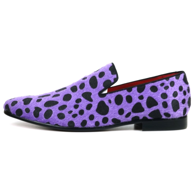 The FI-7532 Black Purple Leopard Print Pony Hair Slip On Loafer by Fiesso features a vibrant purple design with black leopard spots and a fiery red interior, crafted from pony hair for a distinctive style.