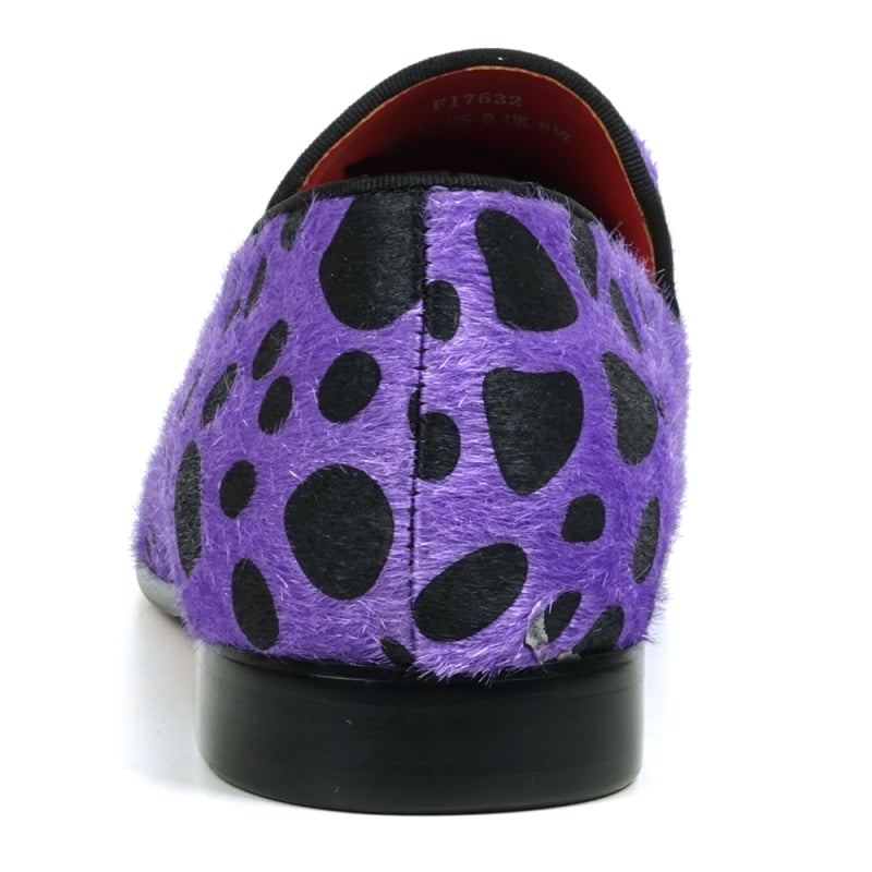 The FI-7532 Black Purple Leopard Print Pony Hair Slip On Loafer by Fiesso features a vibrant purple design with black leopard spots and a fiery red interior, crafted from pony hair for a distinctive style.