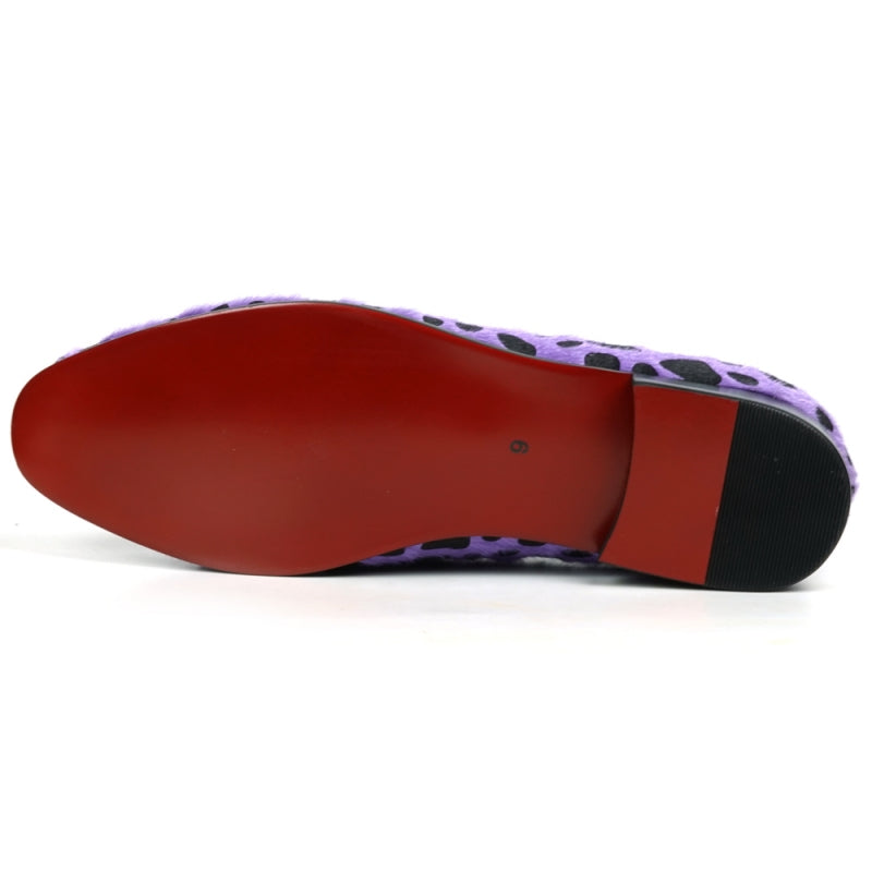 The FI-7532 Black Purple Leopard Print Pony Hair Slip On Loafer by Fiesso features a vibrant purple design with black leopard spots and a fiery red interior, crafted from pony hair for a distinctive style.