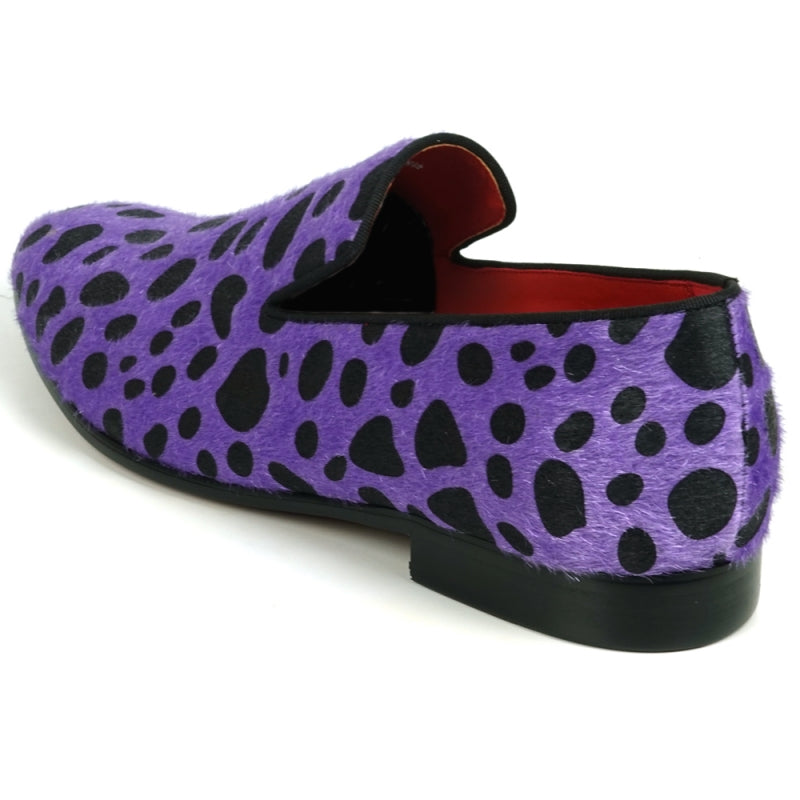 The FI-7532 Black Purple Leopard Print Pony Hair Slip On Loafer by Fiesso features a vibrant purple design with black leopard spots and a fiery red interior, crafted from pony hair for a distinctive style.