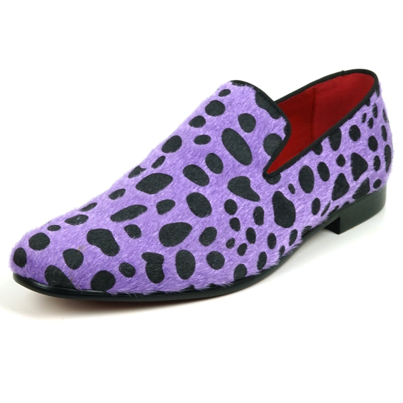 The FI-7532 Black Purple Leopard Print Pony Hair Slip On Loafer by Fiesso features a vibrant purple design with black leopard spots and a fiery red interior, crafted from pony hair for a distinctive style.