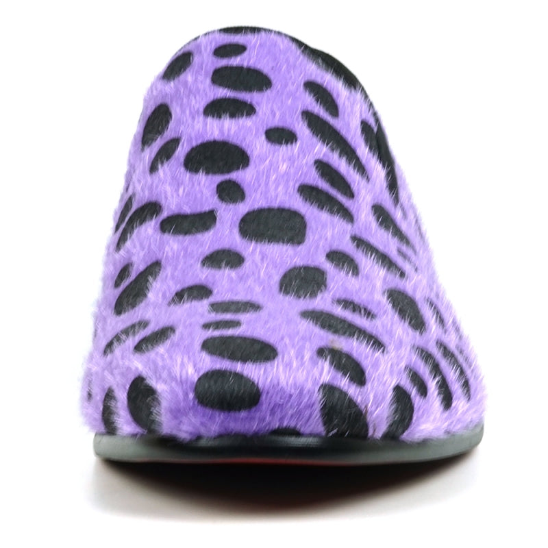 The FI-7532 Black Purple Leopard Print Pony Hair Slip On Loafer by Fiesso features a vibrant purple design with black leopard spots and a fiery red interior, crafted from pony hair for a distinctive style.