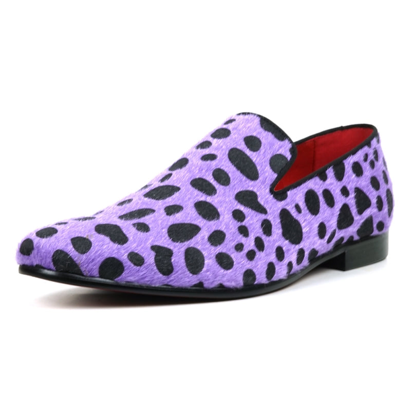 The FI-7532 Black Purple Leopard Print Pony Hair Slip On Loafer by Fiesso features a vibrant purple design with black leopard spots and a fiery red interior, crafted from pony hair for a distinctive style.