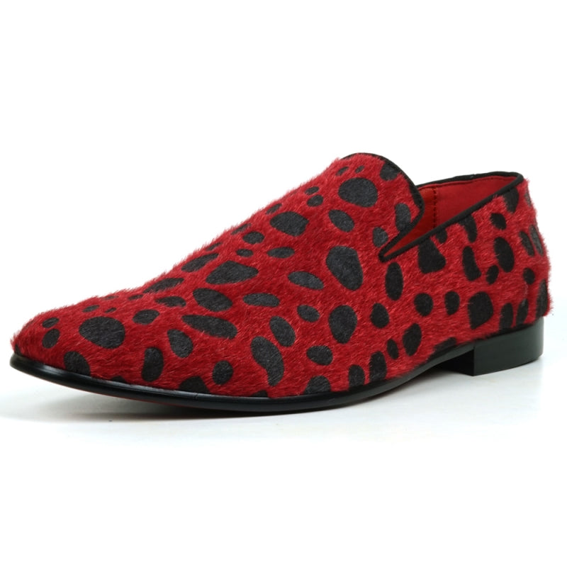 Introducing the FI-7532 Black Red Leopard Print Pony Hair Slip On Loafer by Fiesso, a standout choice for those in search of distinctive men's dress shoes. Crafted from luxurious pony hair, these loafers showcase a captivating red and black leopard print pattern.