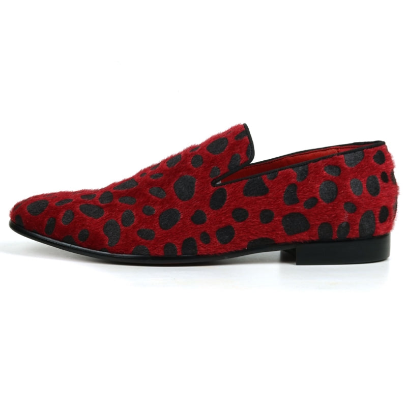 Introducing the FI-7532 Black Red Leopard Print Pony Hair Slip On Loafer by Fiesso, a standout choice for those in search of distinctive men's dress shoes. Crafted from luxurious pony hair, these loafers showcase a captivating red and black leopard print pattern.