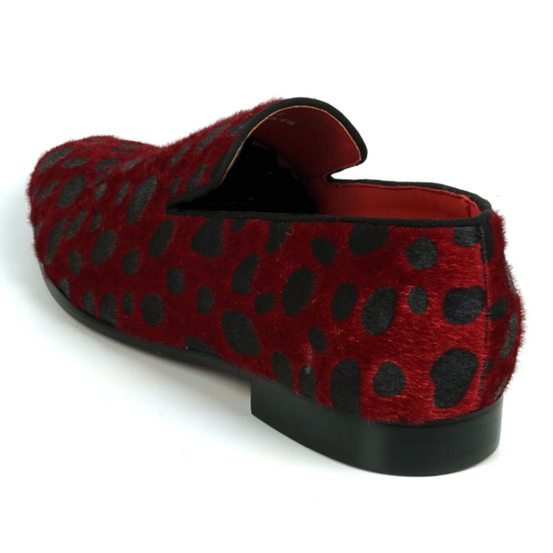 Introducing the FI-7532 Black Red Leopard Print Pony Hair Slip On Loafer by Fiesso, a standout choice for those in search of distinctive men's dress shoes. Crafted from luxurious pony hair, these loafers showcase a captivating red and black leopard print pattern.