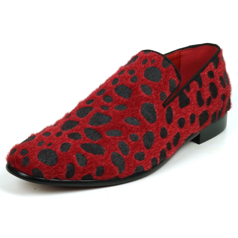 Introducing the FI-7532 Black Red Leopard Print Pony Hair Slip On Loafer by Fiesso, a standout choice for those in search of distinctive men's dress shoes. Crafted from luxurious pony hair, these loafers showcase a captivating red and black leopard print pattern.