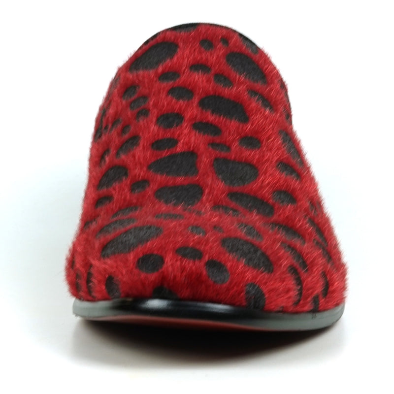 Introducing the FI-7532 Black Red Leopard Print Pony Hair Slip On Loafer by Fiesso, a standout choice for those in search of distinctive men's dress shoes. Crafted from luxurious pony hair, these loafers showcase a captivating red and black leopard print pattern.