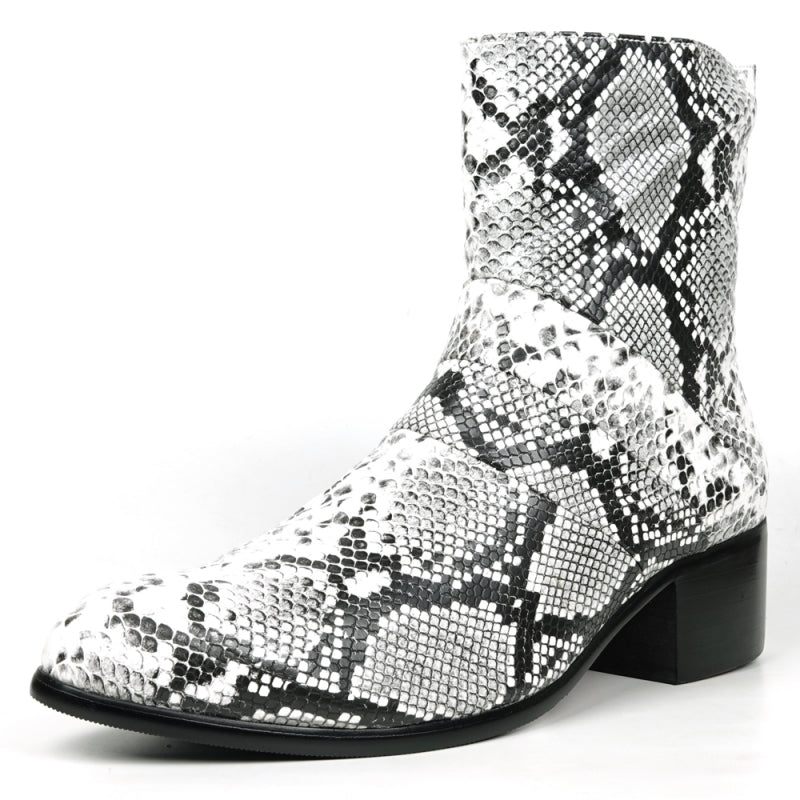 Front view of the FI-7540 Black White Snake Print Boot Fiesso by Aurelio Garcia, featuring a low heel on a white background, capturing the wild allure of black and red leopard print.