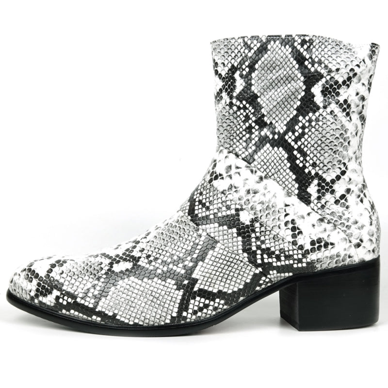 Front view of the FI-7540 Black White Snake Print Boot Fiesso by Aurelio Garcia, featuring a low heel on a white background, capturing the wild allure of black and red leopard print.