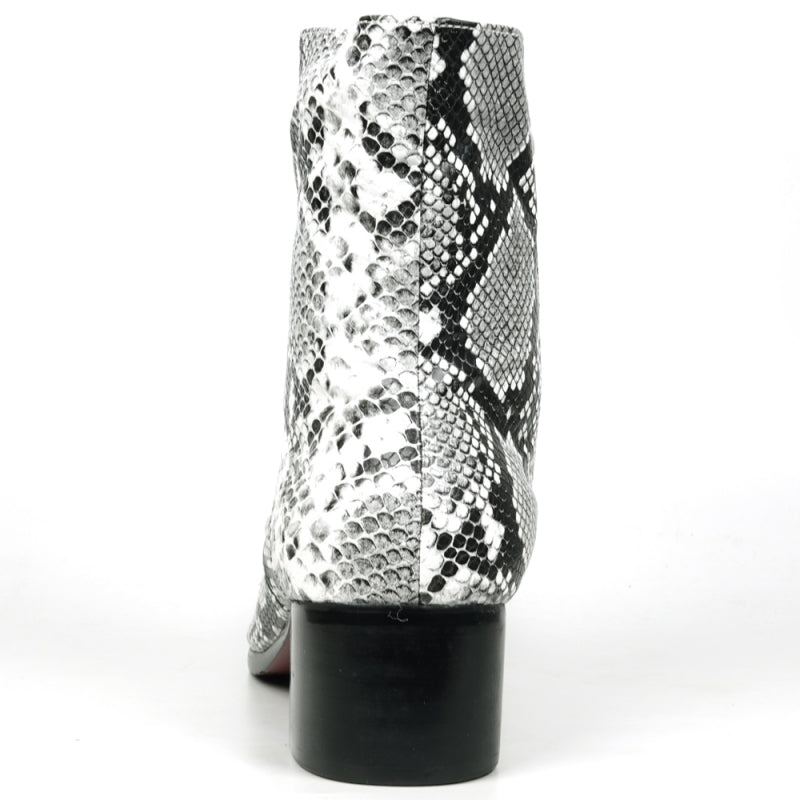 Front view of the FI-7540 Black White Snake Print Boot Fiesso by Aurelio Garcia, featuring a low heel on a white background, capturing the wild allure of black and red leopard print.