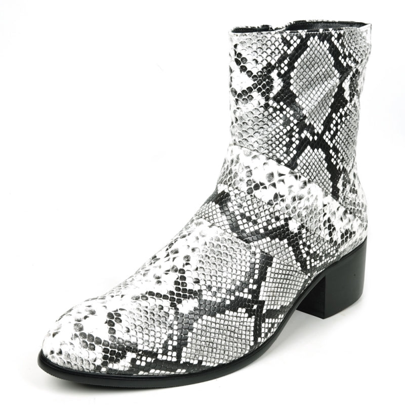 Front view of the FI-7540 Black White Snake Print Boot Fiesso by Aurelio Garcia, featuring a low heel on a white background, capturing the wild allure of black and red leopard print.