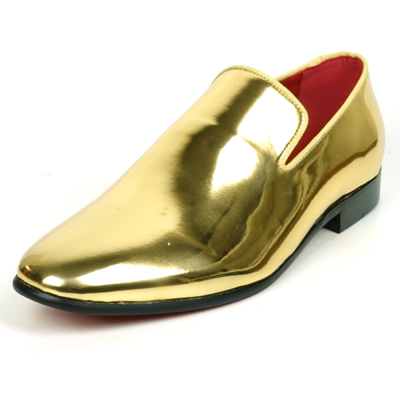 A close-up of the FI-7548 Gold Patent Slip On Leafer by Fiesso, exuding the polished elegance typical of Aurelio Garcia's designs, set against a white background.