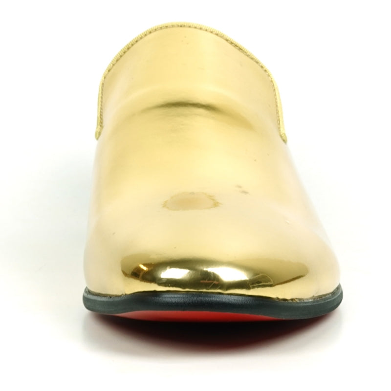 A close-up of the FI-7548 Gold Patent Slip On Leafer by Fiesso, exuding the polished elegance typical of Aurelio Garcia's designs, set against a white background.