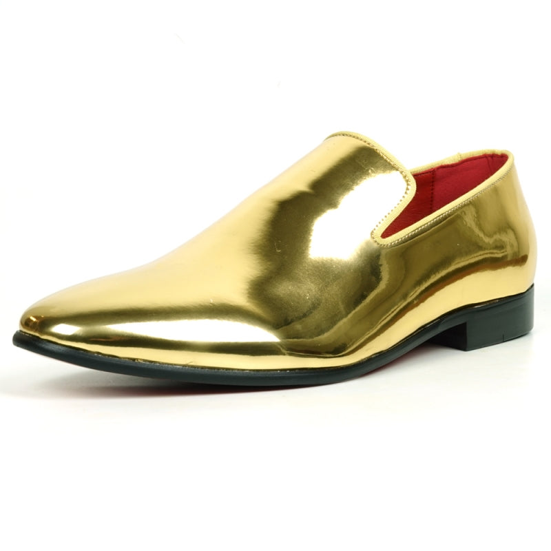 A close-up of the FI-7548 Gold Patent Slip On Leafer by Fiesso, exuding the polished elegance typical of Aurelio Garcia's designs, set against a white background.