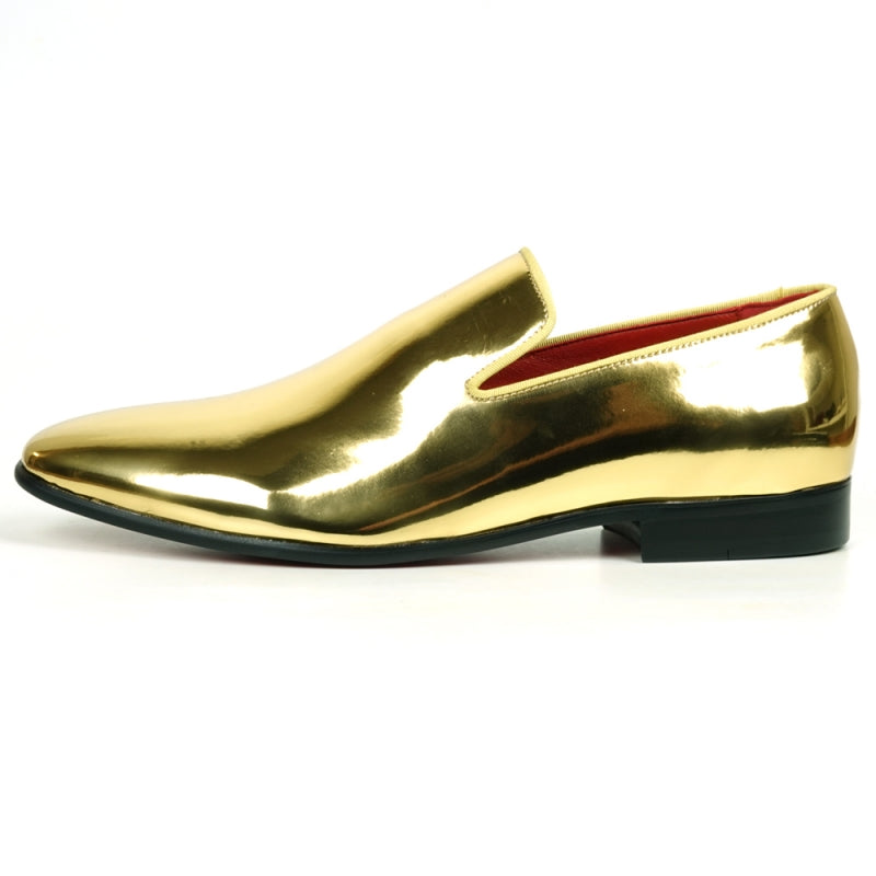 A close-up of the FI-7548 Gold Patent Slip On Leafer by Fiesso, exuding the polished elegance typical of Aurelio Garcia's designs, set against a white background.