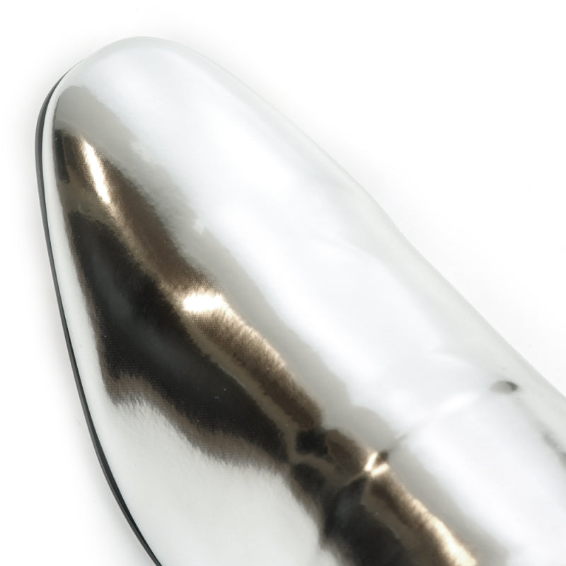 The FI-7548 Silver Patent Slip On Leafer by Fiesso embodies the sophistication of men's dress shoes with its sleek, shiny silver exterior and vibrant red interior complemented by a sturdy black sole. This elegant design seamlessly integrates the allure of vegan leather, offering both style and comfort with every step.