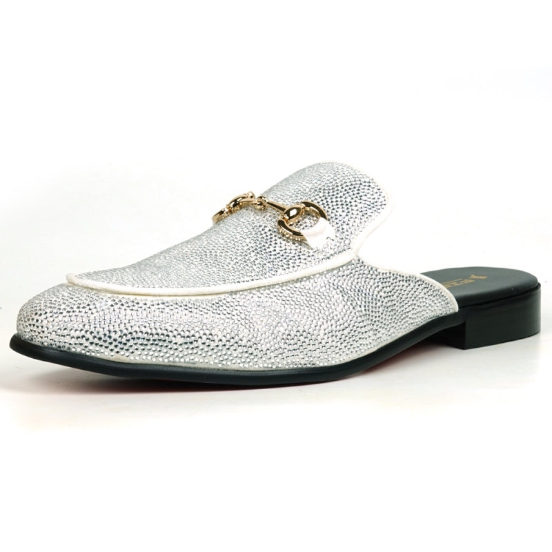 Front view of a Fiesso by Aurelio Garcia sparkling white rhinestone sandal, crafted from suede with a gold ornament detail on the upper.