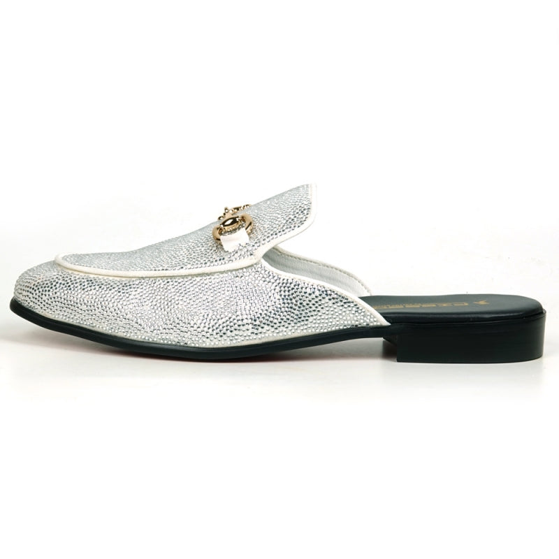 Front view of a Fiesso by Aurelio Garcia sparkling white rhinestone sandal, crafted from suede with a gold ornament detail on the upper.