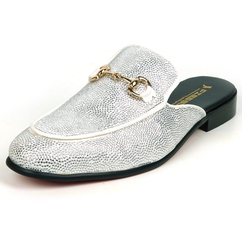 Front view of a Fiesso by Aurelio Garcia sparkling white rhinestone sandal, crafted from suede with a gold ornament detail on the upper.