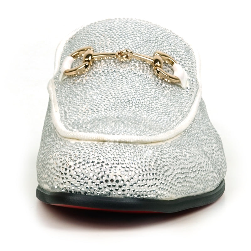 Front view of a Fiesso by Aurelio Garcia sparkling white rhinestone sandal, crafted from suede with a gold ornament detail on the upper.