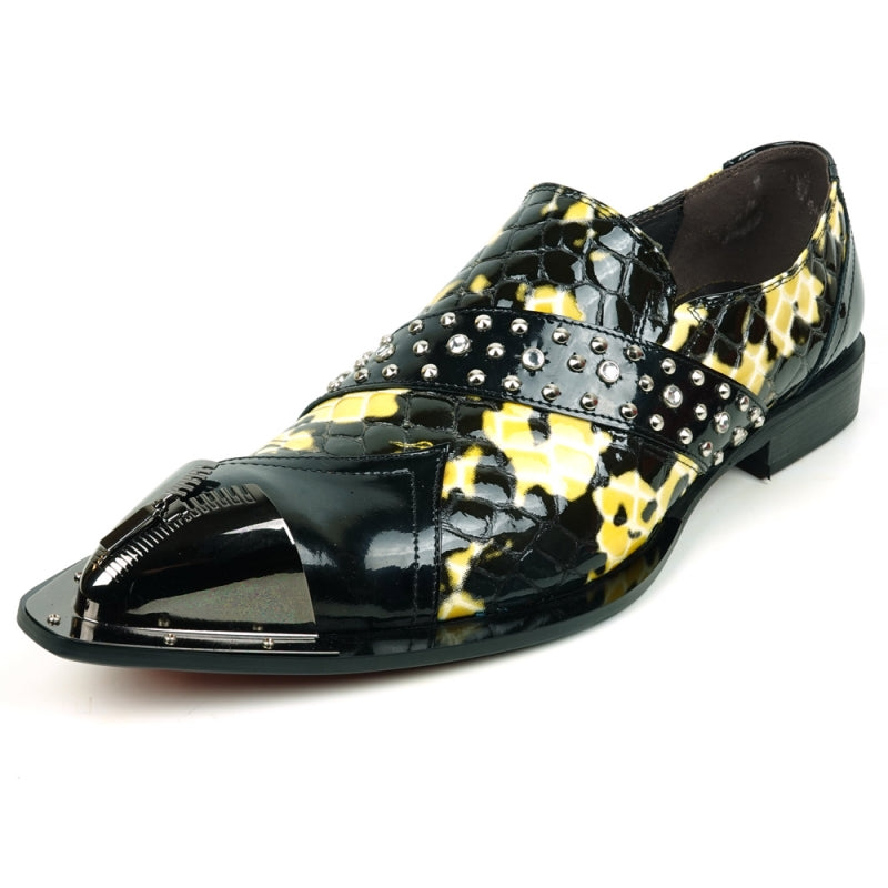 Back view of the shiny FI-6942 Black White Fiesso by Aurelio Garcia, featuring a black patent leather finish with a distinctive yellow and white pattern, adorned with metal studs on the side and a black sole for both style and comfort.