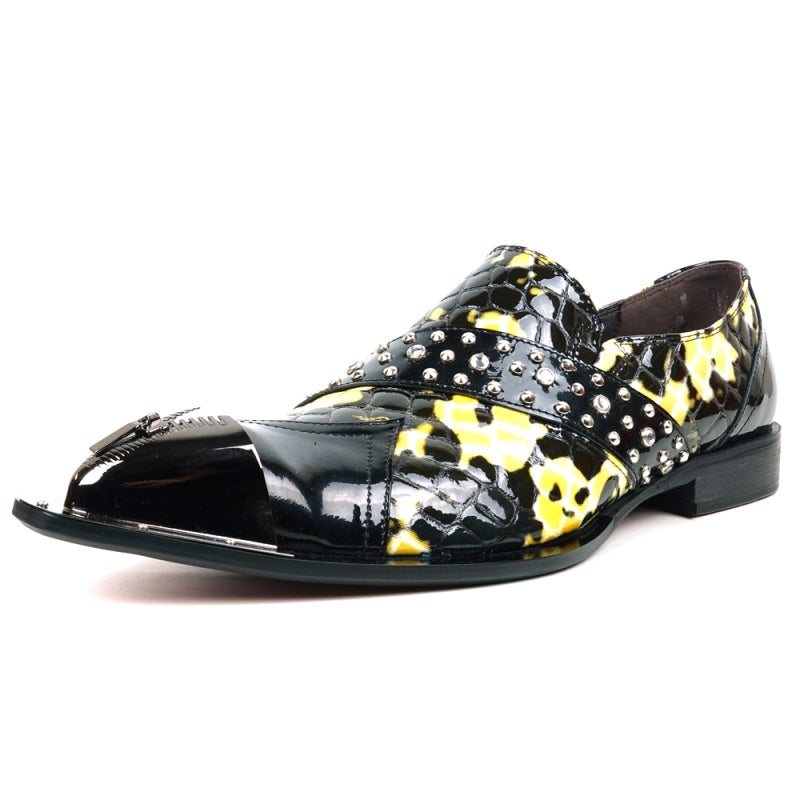 Back view of the shiny FI-6942 Black White Fiesso by Aurelio Garcia, featuring a black patent leather finish with a distinctive yellow and white pattern, adorned with metal studs on the side and a black sole for both style and comfort.