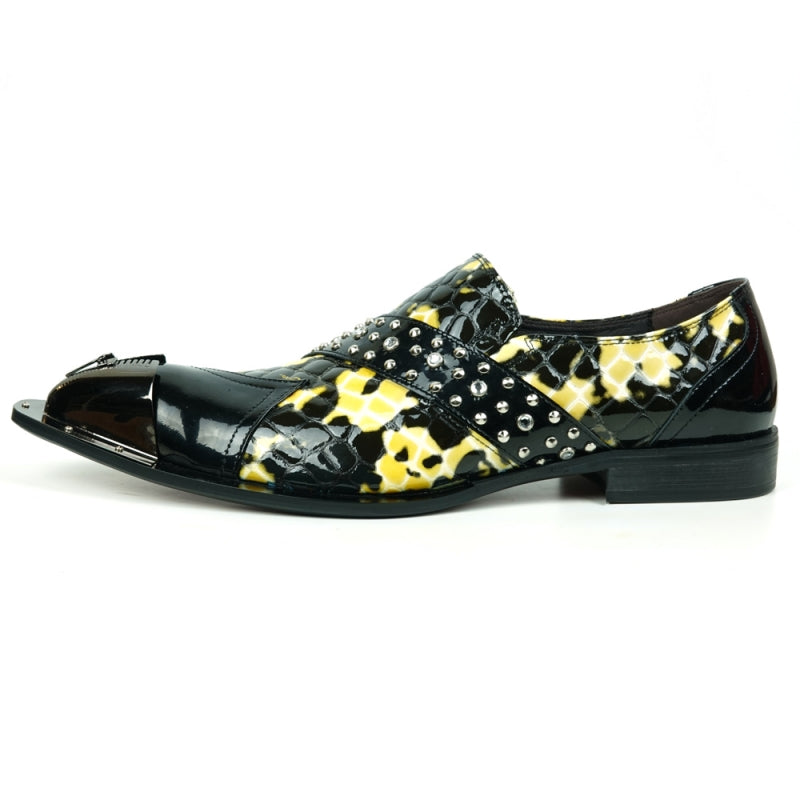 Back view of the shiny FI-6942 Black White Fiesso by Aurelio Garcia, featuring a black patent leather finish with a distinctive yellow and white pattern, adorned with metal studs on the side and a black sole for both style and comfort.