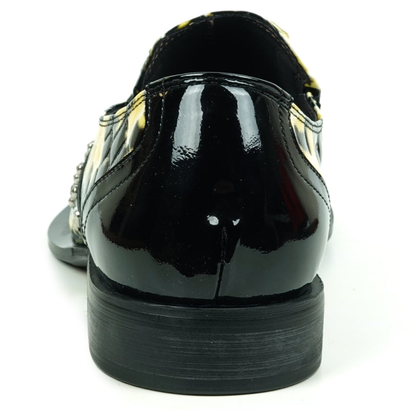 Back view of the shiny FI-6942 Black White Fiesso by Aurelio Garcia, featuring a black patent leather finish with a distinctive yellow and white pattern, adorned with metal studs on the side and a black sole for both style and comfort.