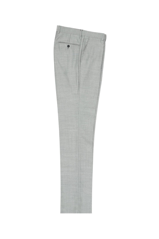 The Tiglio Luxe Light Gray Herringbone Dress Pants feature a modern fit, flat front design, and are crafted from pure wool, including a single back pocket with button closure.