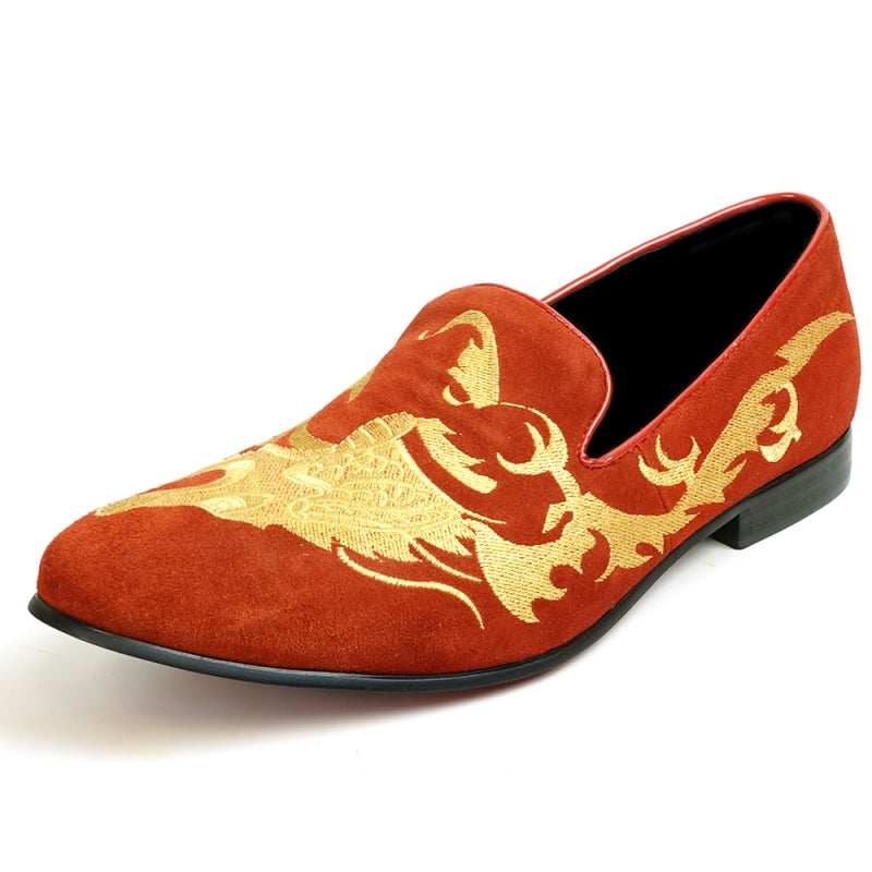 The FI-7039 Red Suede Slip on Loafer by Fiesso features a gold embroidered dragon design and a black sole, viewed from the back. This distinctive piece would effortlessly enhance any collection of men's dress shoes.