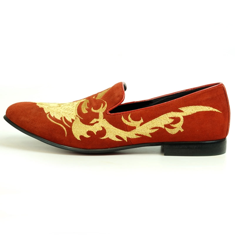 The FI-7039 Red Suede Slip on Loafer by Fiesso features a gold embroidered dragon design and a black sole, viewed from the back. This distinctive piece would effortlessly enhance any collection of men's dress shoes.