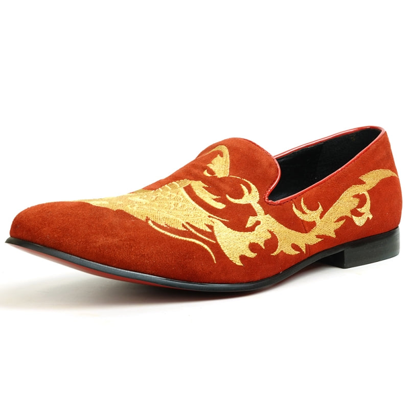 The FI-7039 Red Suede Slip on Loafer by Fiesso features a gold embroidered dragon design and a black sole, viewed from the back. This distinctive piece would effortlessly enhance any collection of men's dress shoes.