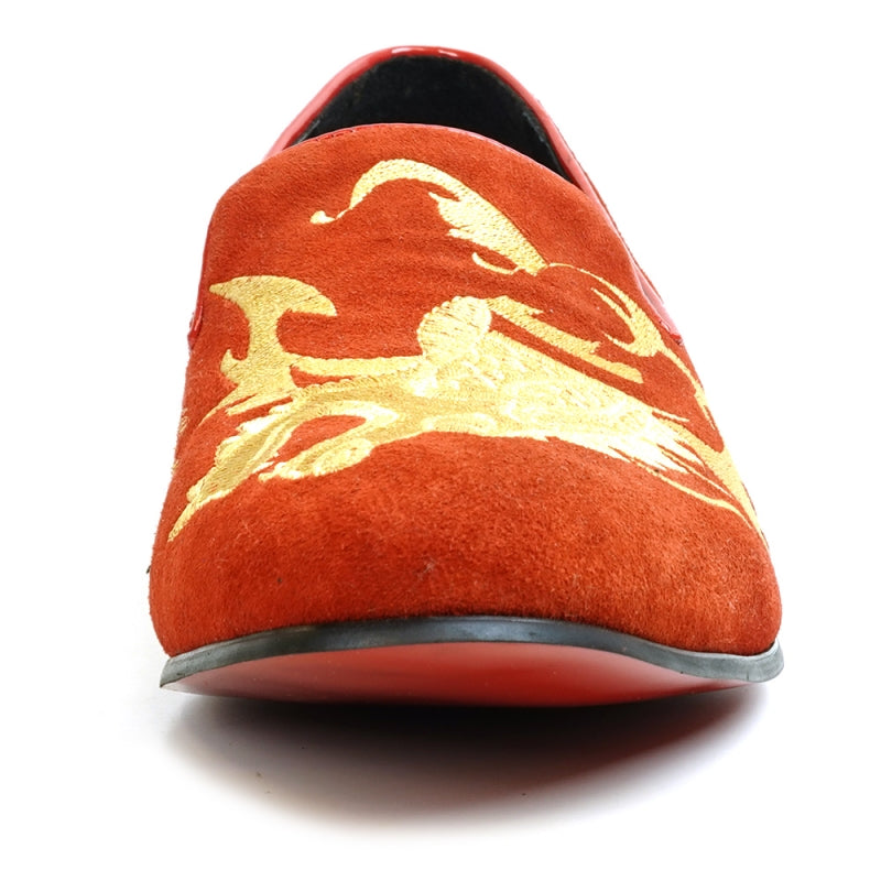 The FI-7039 Red Suede Slip on Loafer by Fiesso features a gold embroidered dragon design and a black sole, viewed from the back. This distinctive piece would effortlessly enhance any collection of men's dress shoes.