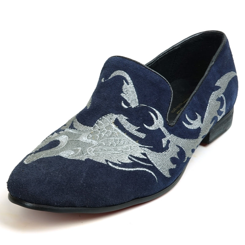 A stylish FI-7039 Navy Suede Slip-on Loafer by Fiesso, showcasing elegant silver embroidery and a black sole, viewed from the side.