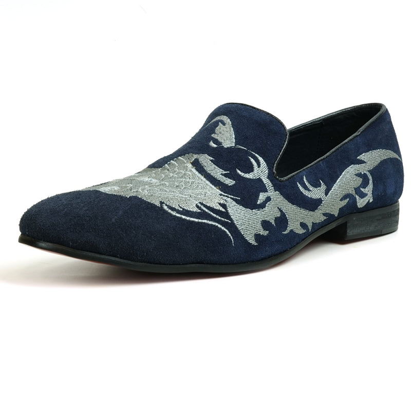 A stylish FI-7039 Navy Suede Slip-on Loafer by Fiesso, showcasing elegant silver embroidery and a black sole, viewed from the side.