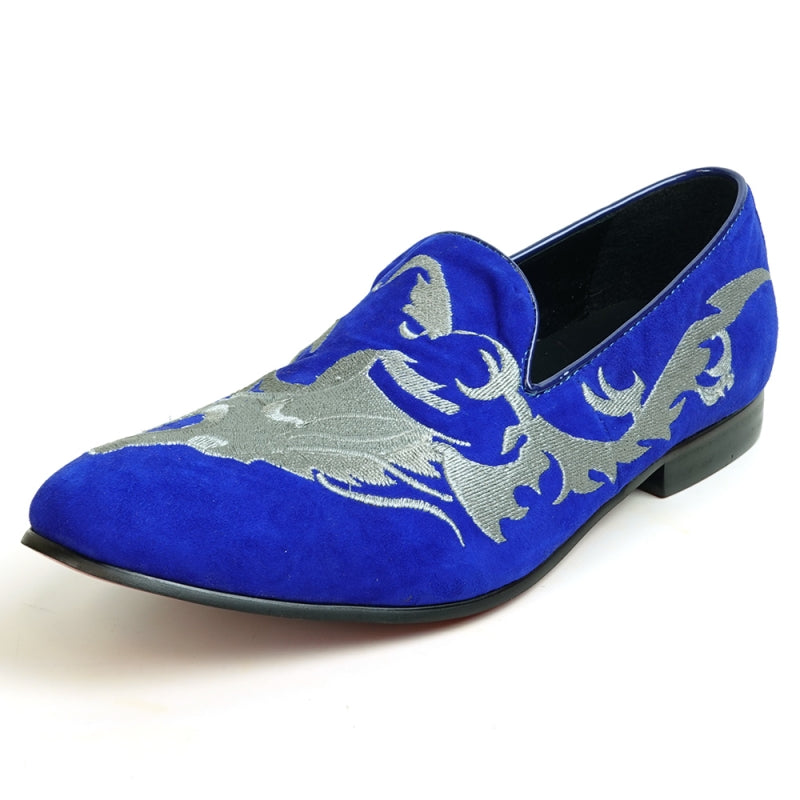 The FI-7039 Royal Blue Suede Slip-on Loafer by Fiesso showcases a sophisticated blue suede upper with silver embroidery and a sleek black sole, seen from the back.