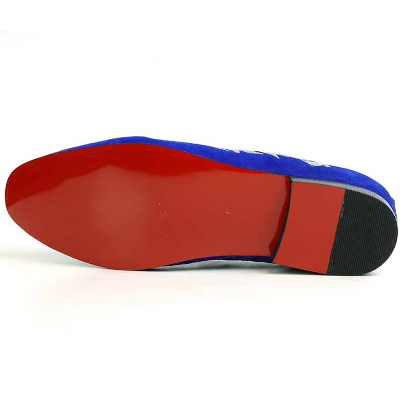 The FI-7039 Royal Blue Suede Slip-on Loafer by Fiesso showcases a sophisticated blue suede upper with silver embroidery and a sleek black sole, seen from the back.