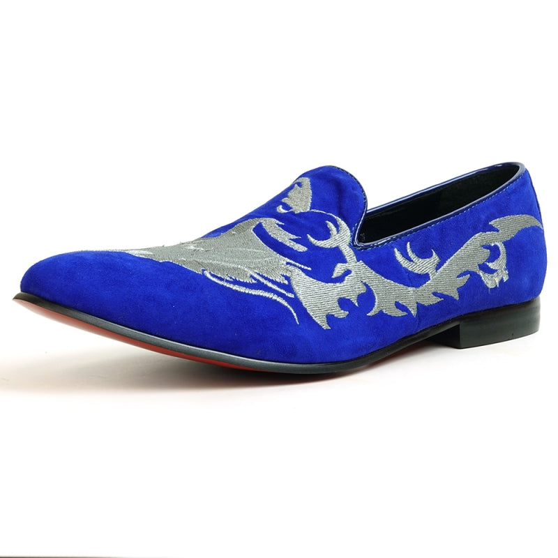 The FI-7039 Royal Blue Suede Slip-on Loafer by Fiesso showcases a sophisticated blue suede upper with silver embroidery and a sleek black sole, seen from the back.