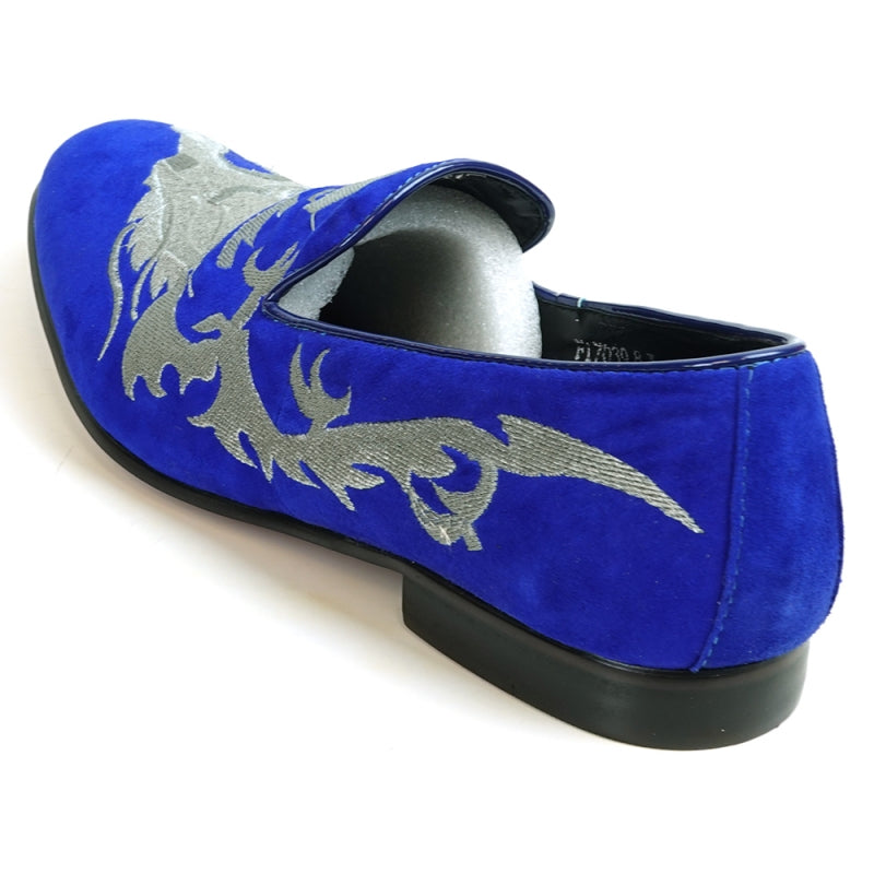 The FI-7039 Royal Blue Suede Slip-on Loafer by Fiesso showcases a sophisticated blue suede upper with silver embroidery and a sleek black sole, seen from the back.