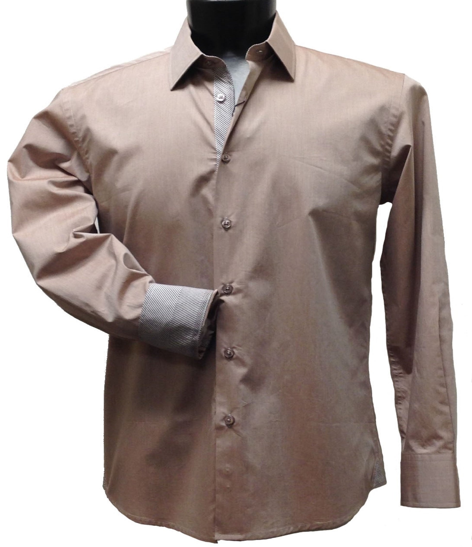 Showcased on a mannequin, the Cado Long Sleeve Tan Shirt 138 by Cado offers a contemporary fit, featuring inner cuffs and collar with a striped design, and is made from soft cotton for maximum comfort.