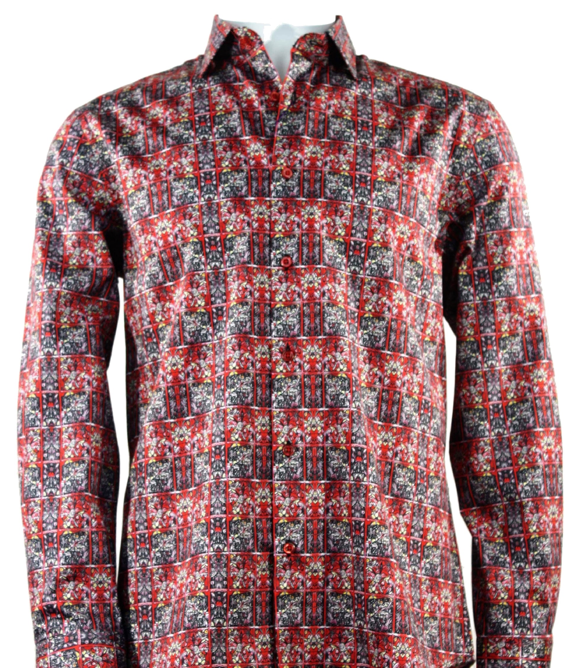 The Cado Long Sleeve Red Shirt 162, a modern fit button-up made from cotton, showcases a striking geometric pattern in red, black, and white when displayed on a mannequin.